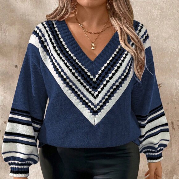 Royal Blue Casual Plus Size Striped V-Neck Sweater